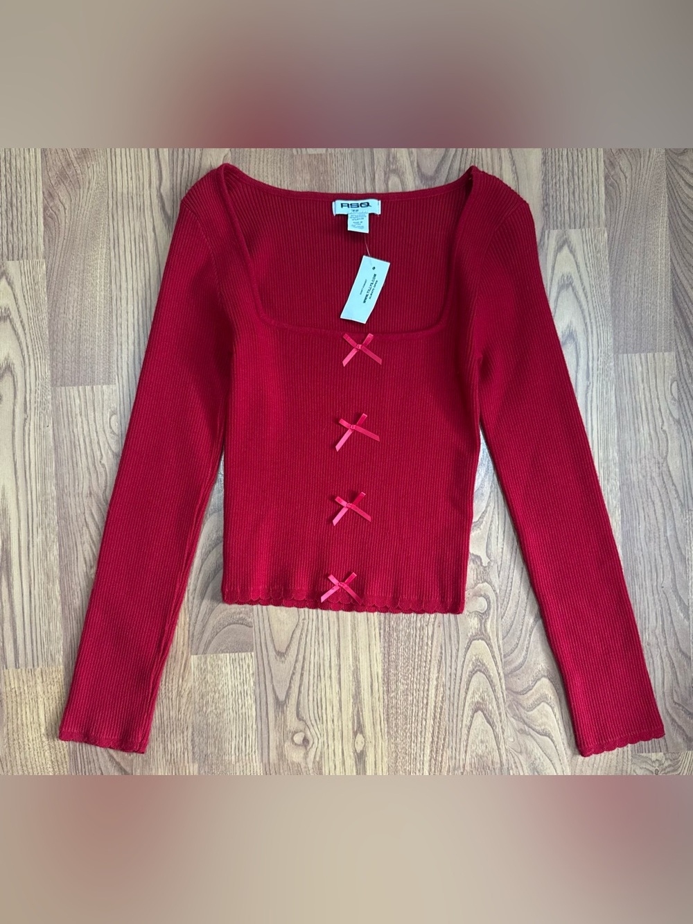 ❤️ RSQ Size Large Red Ribbed Square-Neck Long Sleeve Top with Front Bows (B16)